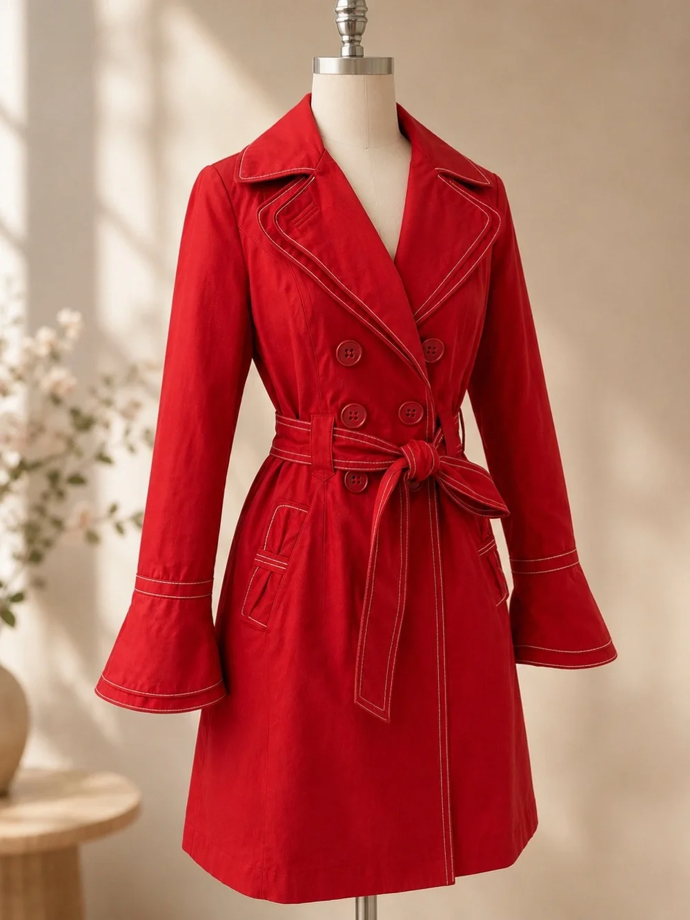 Laundry By Design Red Coat Bell Sleeve Trench Jacket Belted Cotton Fabulous - Picture 6 of 13